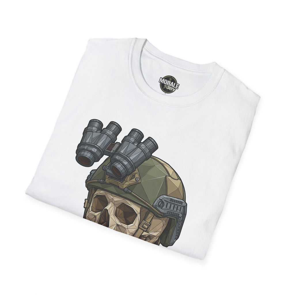 White NVG tactical helmet graphic T-shirt with brand logo at collar