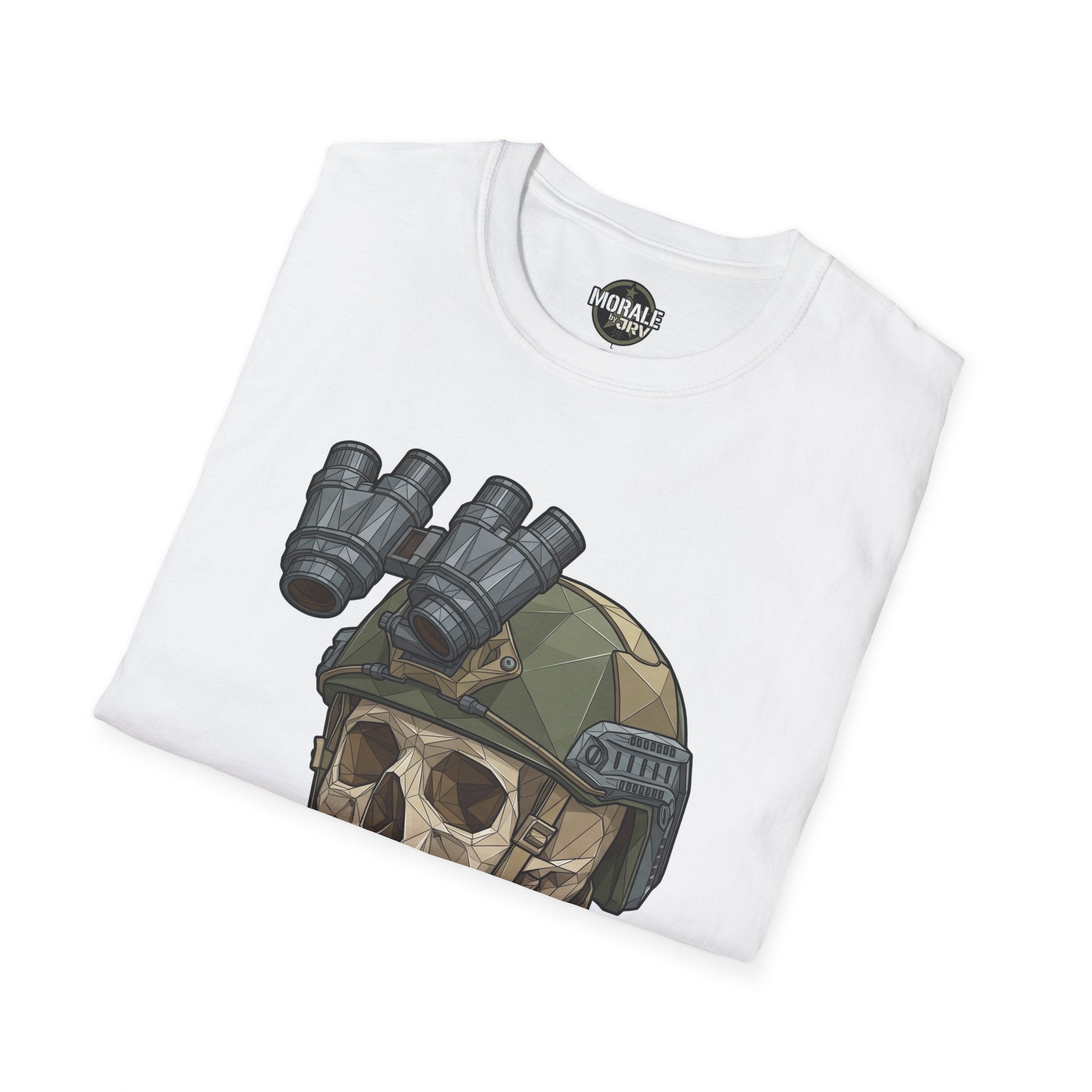 White NVG tactical helmet graphic T-shirt with brand logo at collar