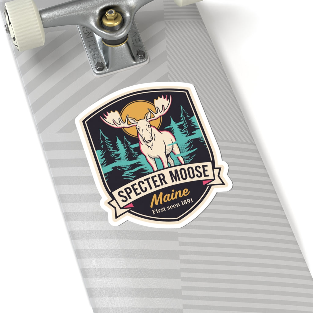 Moose badge sticker with 'Maine' and 'First seen 1891' text on dark circle