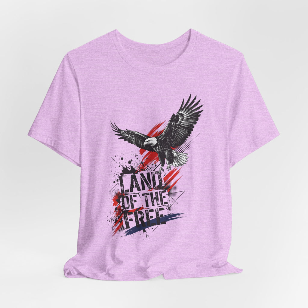 Lavender crew-neck T-shirt with eagle graphic and 'LAND OF THE FREE' distressed print