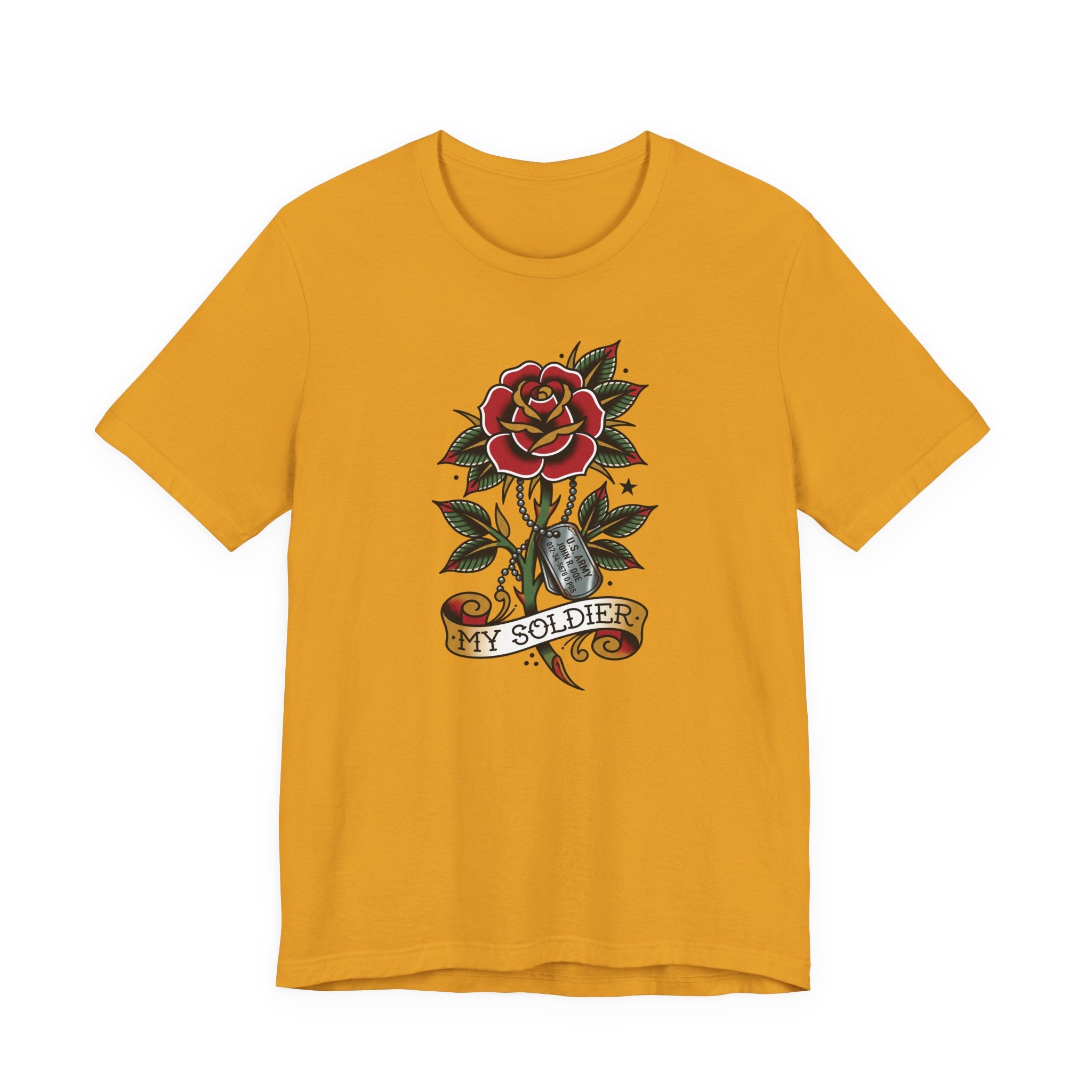 Gold crewneck t-shirt with rose and dog tag graphic, My Soldier emblem.