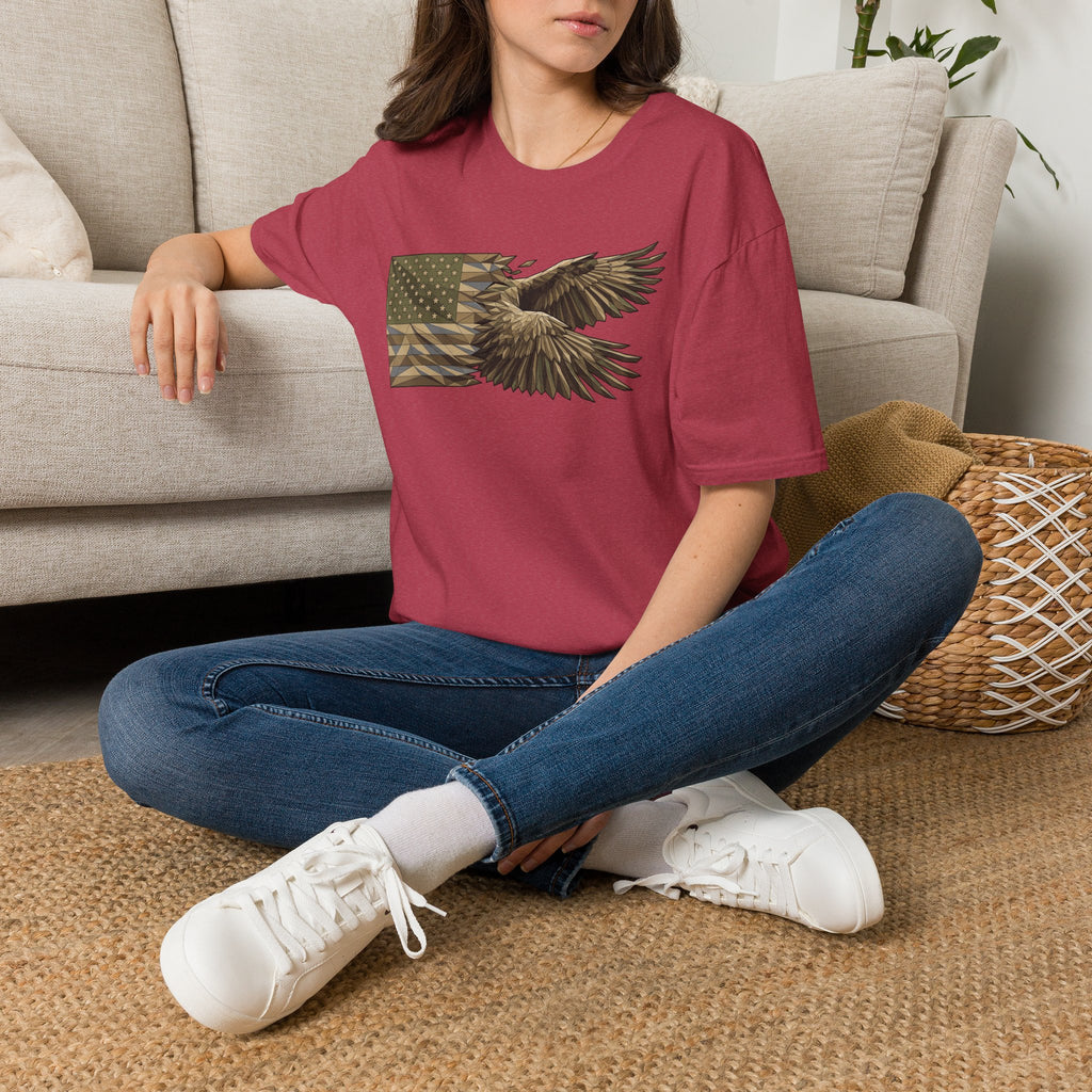 Red patriotic graphic t-shirt with eagle and American flag-style panel on front