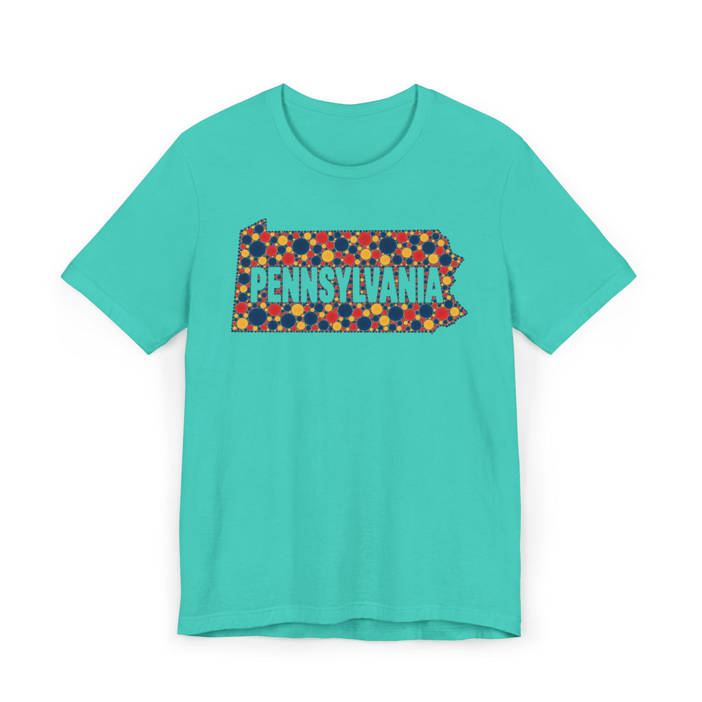 Teal crew-neck t-shirt with colorful dotted Pennsylvania graphic on chest