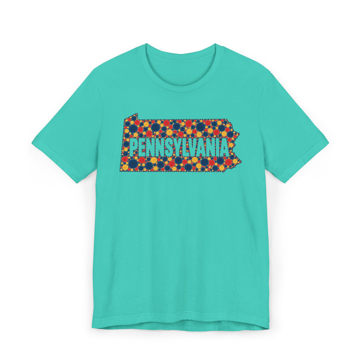 Teal crew-neck t-shirt with colorful dotted Pennsylvania graphic on chest