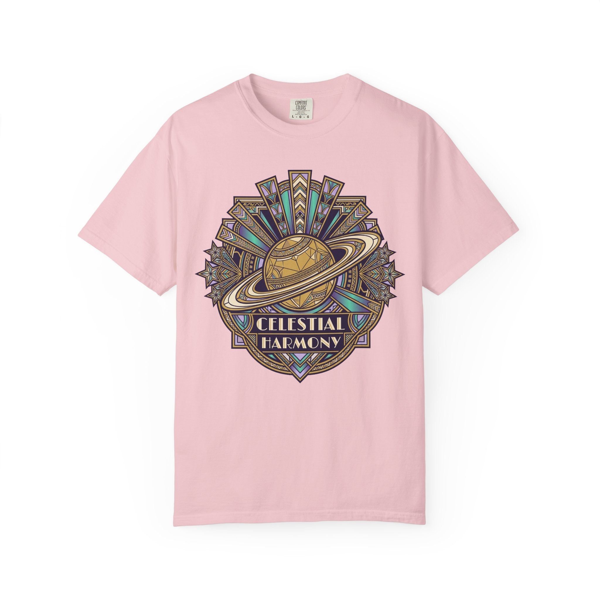 Light pink T-shirt with Celestial Harmony planet and starburst graphic on front