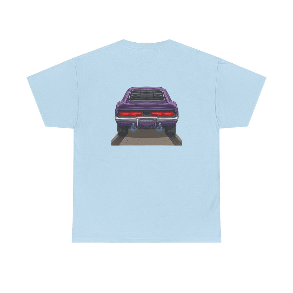 Light blue short-sleeve T-shirt with purple retro car graphic centered on back