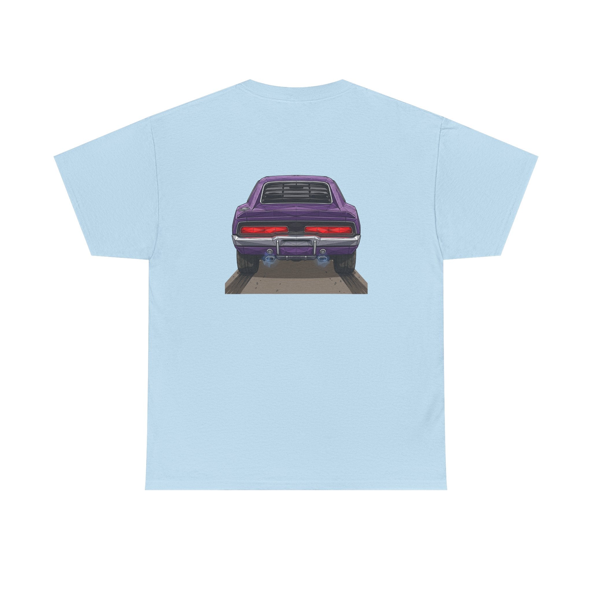 Light blue short-sleeve T-shirt with purple retro car graphic centered on back