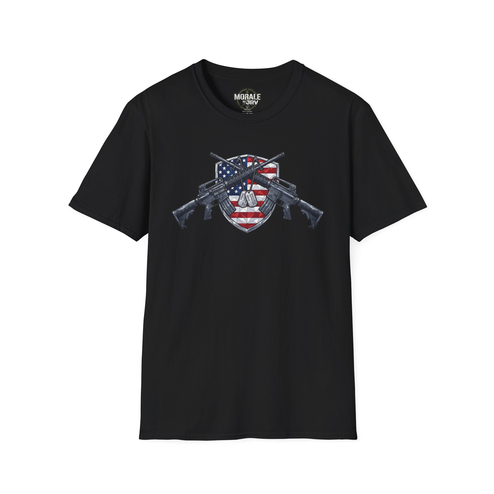 American flag skull shield T-shirt with crossed rifles, black base