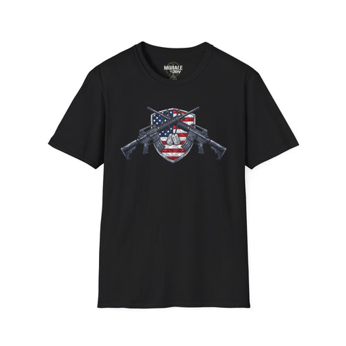 American flag skull shield T-shirt with crossed rifles, black base