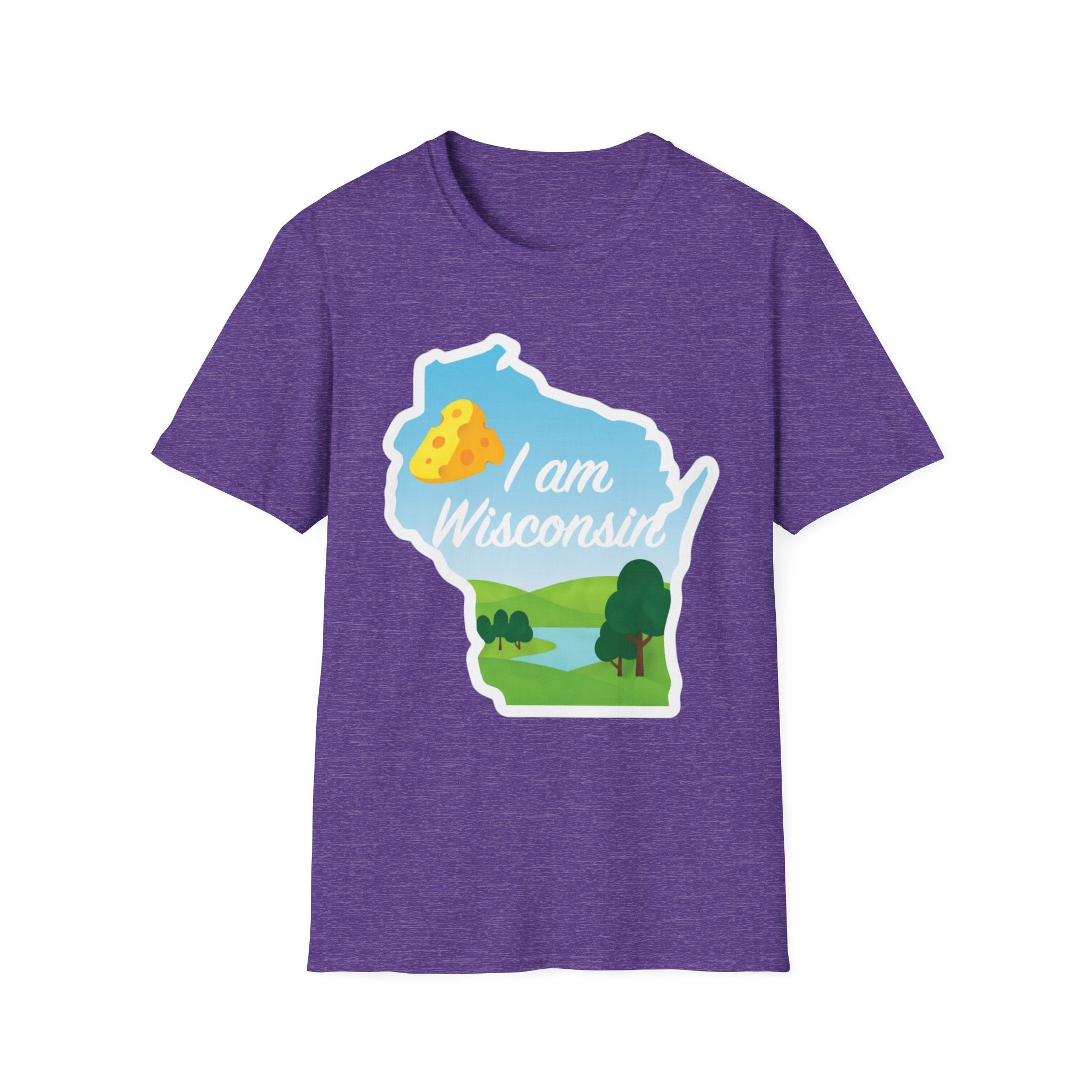 Heather purple T-shirt with Wisconsin outline graphic, cheese & landscape, “I am Wisconsin”