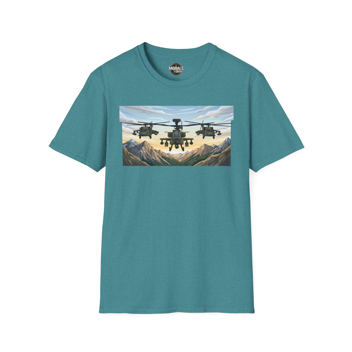 Teal crewneck short-sleeve graphic tee with helicopter landscape print on front.