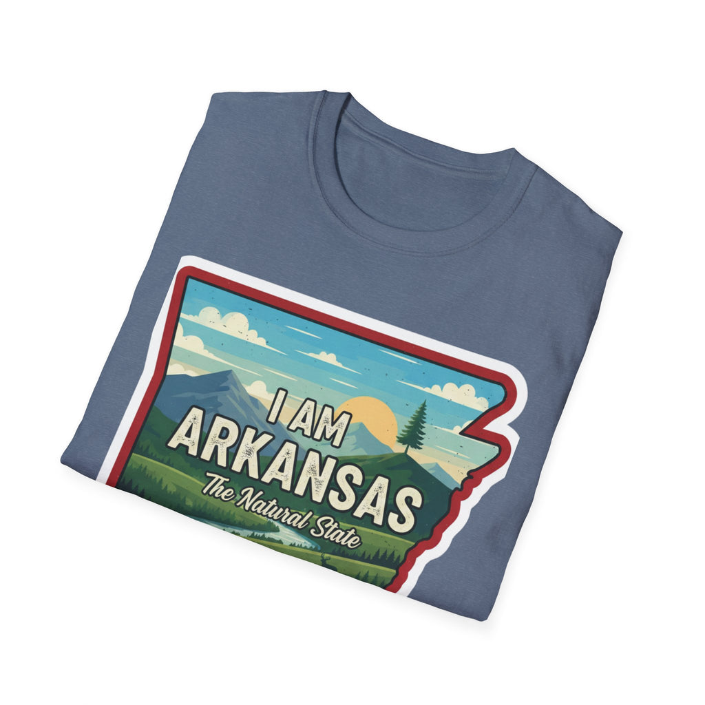 I Am Arkansas T-shirt in heather blue with landscape state outline graphic on front