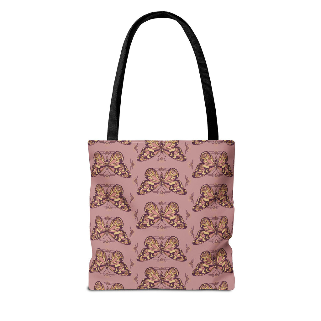 Pink tote bag with all-over vintage butterfly pattern and black top handles