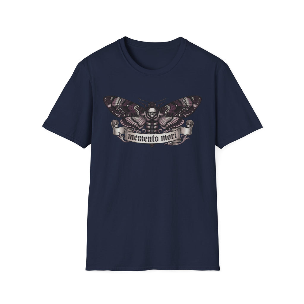 Navy crewneck t-shirt with moth skull banner graphic