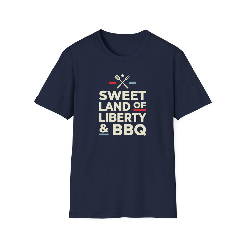 Navy crew-neck T-shirt with 'Sweet Land of Liberty & BBQ' graphic