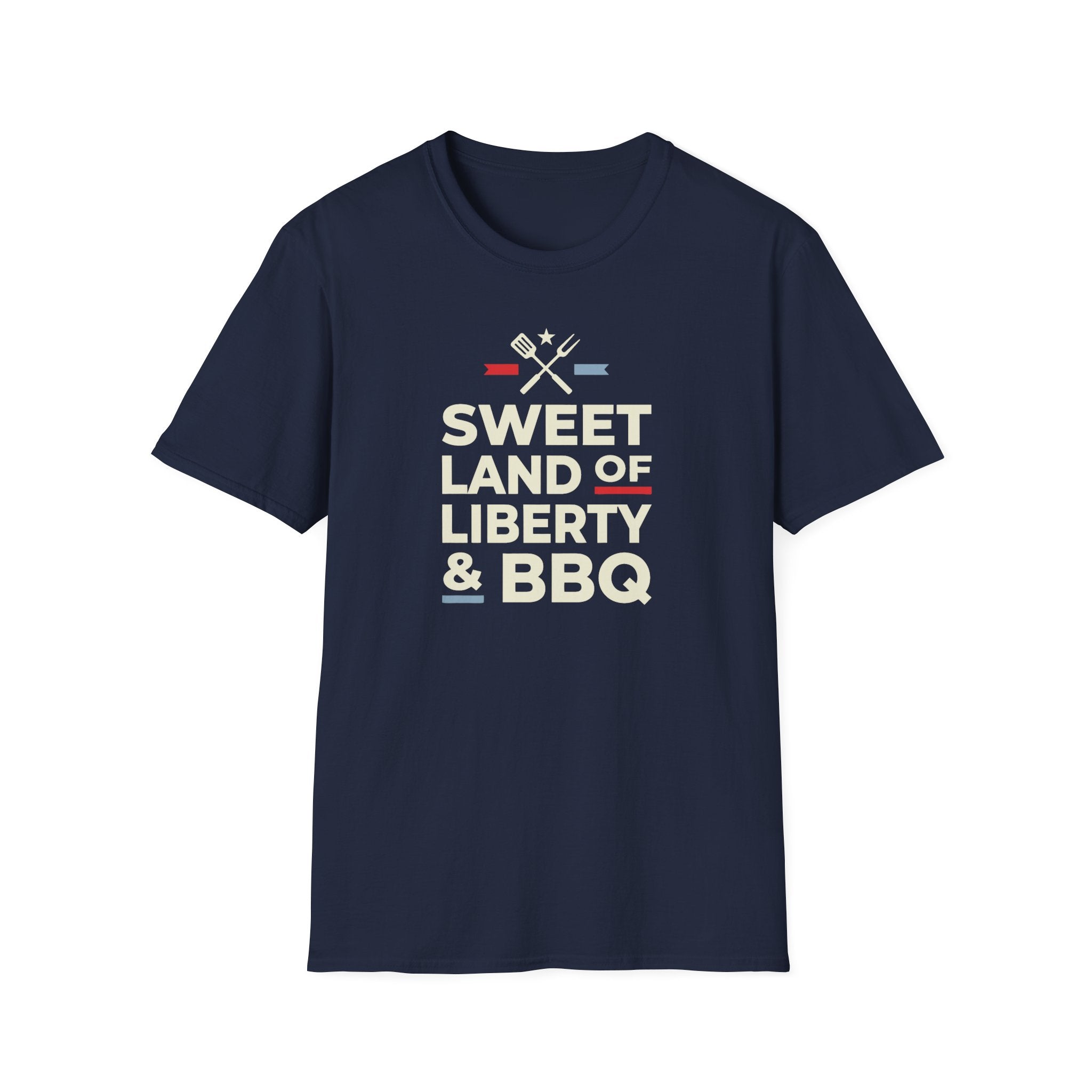 Navy crew-neck T-shirt with 'Sweet Land of Liberty & BBQ' graphic