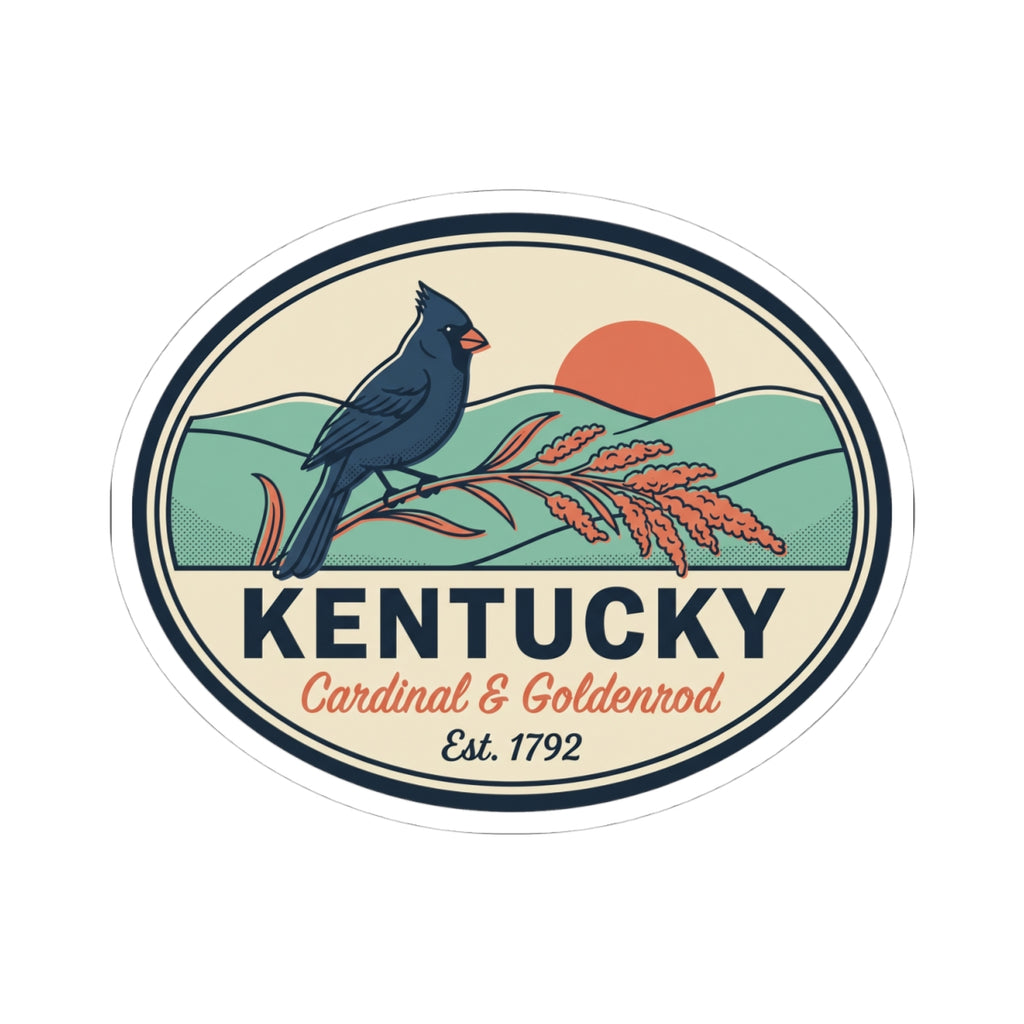 Round vinyl sticker badge with blue cardinal perched on goldenrod, Kentucky text, Est. 1792.