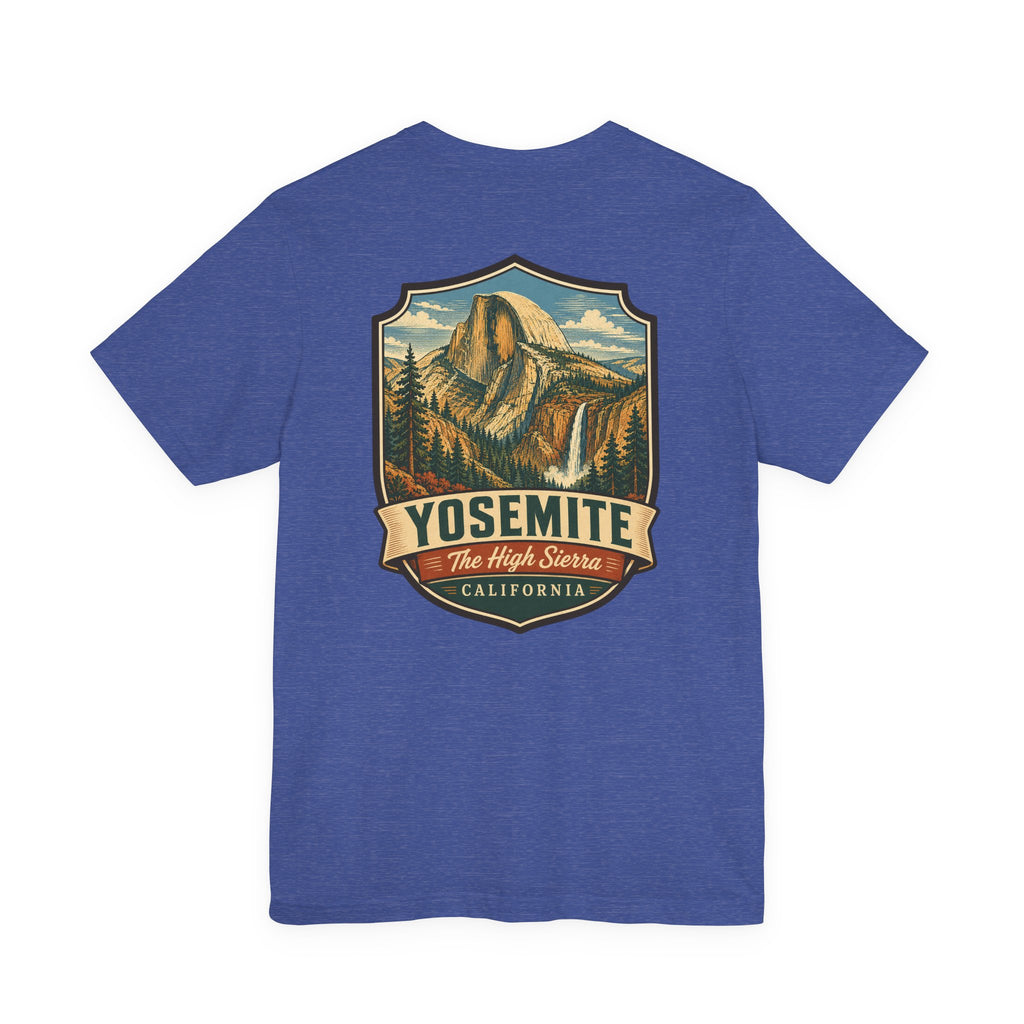 Blue T-shirt with large Yosemite High Sierra mountain graphic and California text