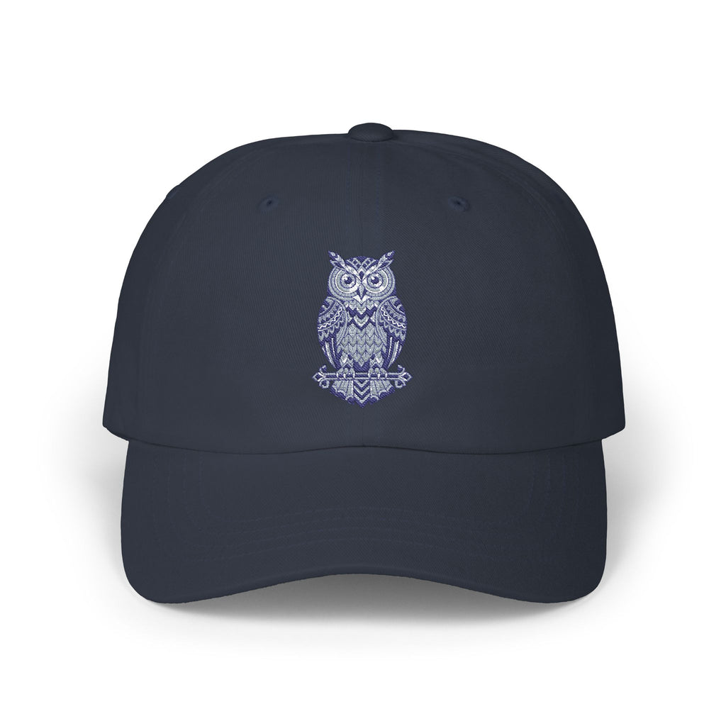 Navy owl-embroidered dad cap with curved brim and stitched crown vents