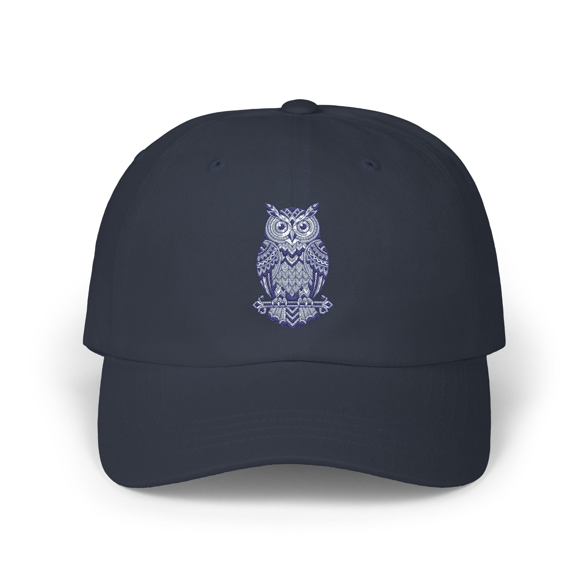 Navy owl-embroidered dad cap with curved brim and stitched crown vents