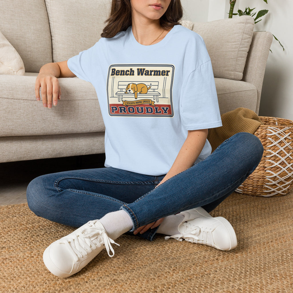 Light blue T-shirt with “Bench Warmer Proudly” dog-on-bench graphic, worn on model