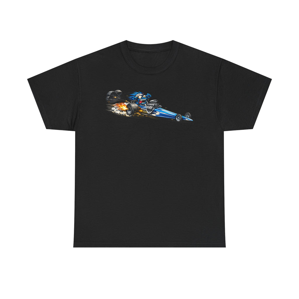 Black graphic tee with flaming dragster hot rod car front print