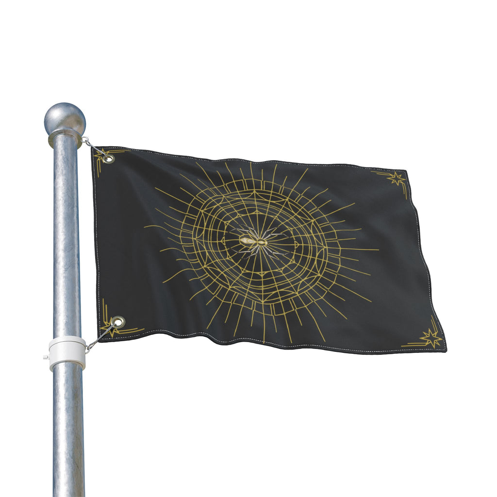 Black Halloween spider web flag with gold mandala, mounted on a metal pole