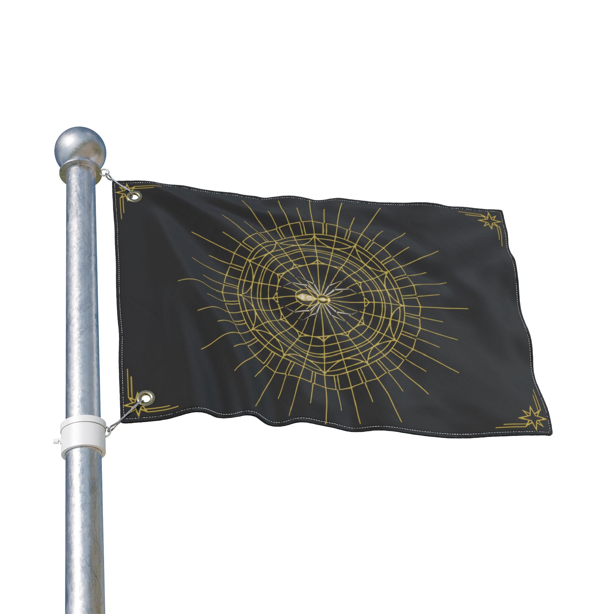 Black Halloween spider web flag with gold mandala, mounted on a metal pole