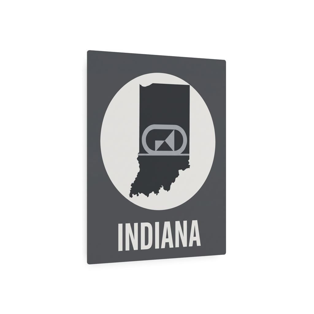 Indiana metal wall art with circular emblem, retro camera icon, and “INDIANA” text