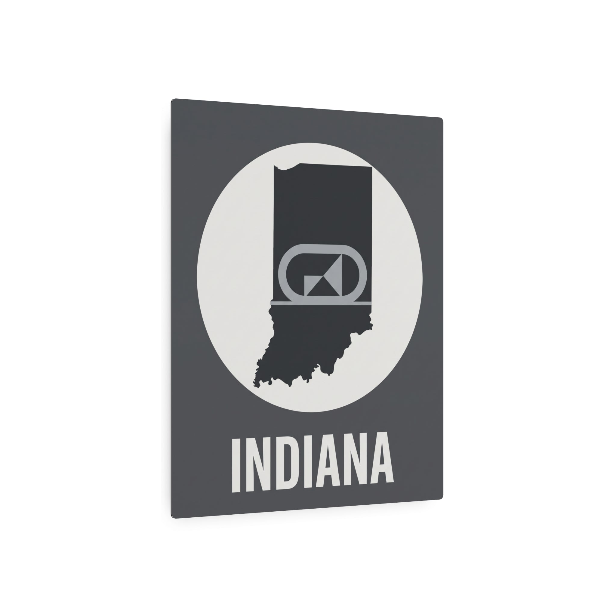 Indiana metal wall art with circular emblem, retro camera icon, and “INDIANA” text