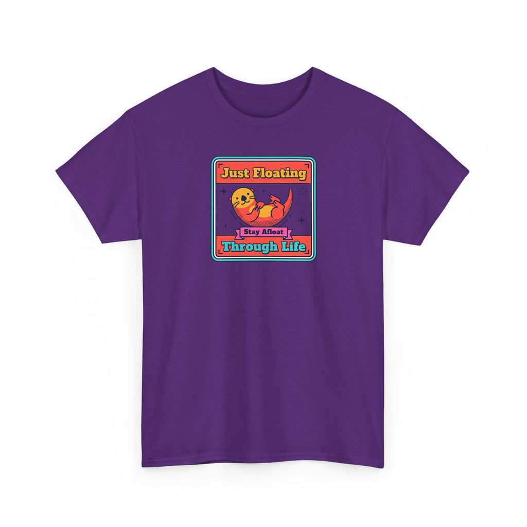 Purple crew-neck T-shirt with cartoon otter graphic patch on chest