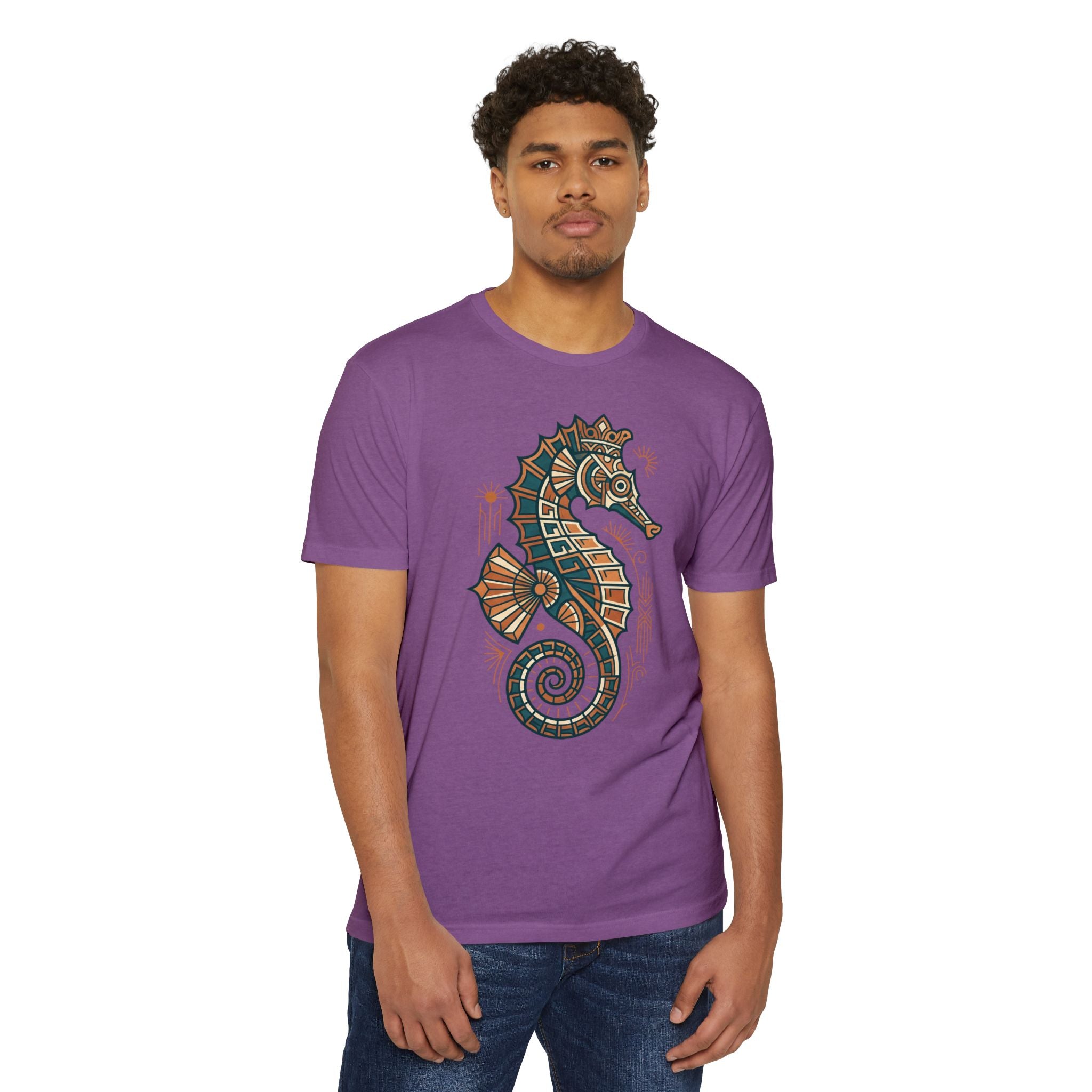 Purple unisex T-shirt with crew neck, short sleeves, and seahorse mosaic graphic.