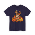 Halloween jackalope T-shirt, dark purple with candy corn antler bunny graphic and text