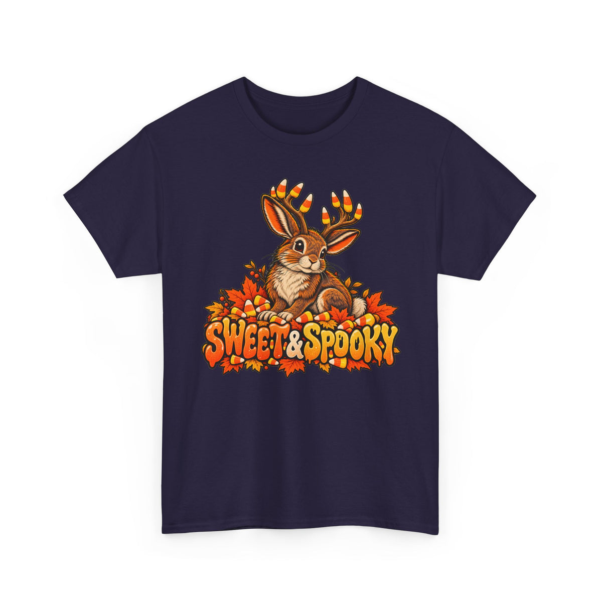 Halloween jackalope T-shirt, dark purple with candy corn antler bunny graphic and text