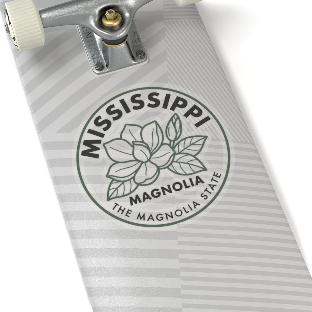 Circular transparent vinyl decal with magnolia flower and MISSISSIPPI text