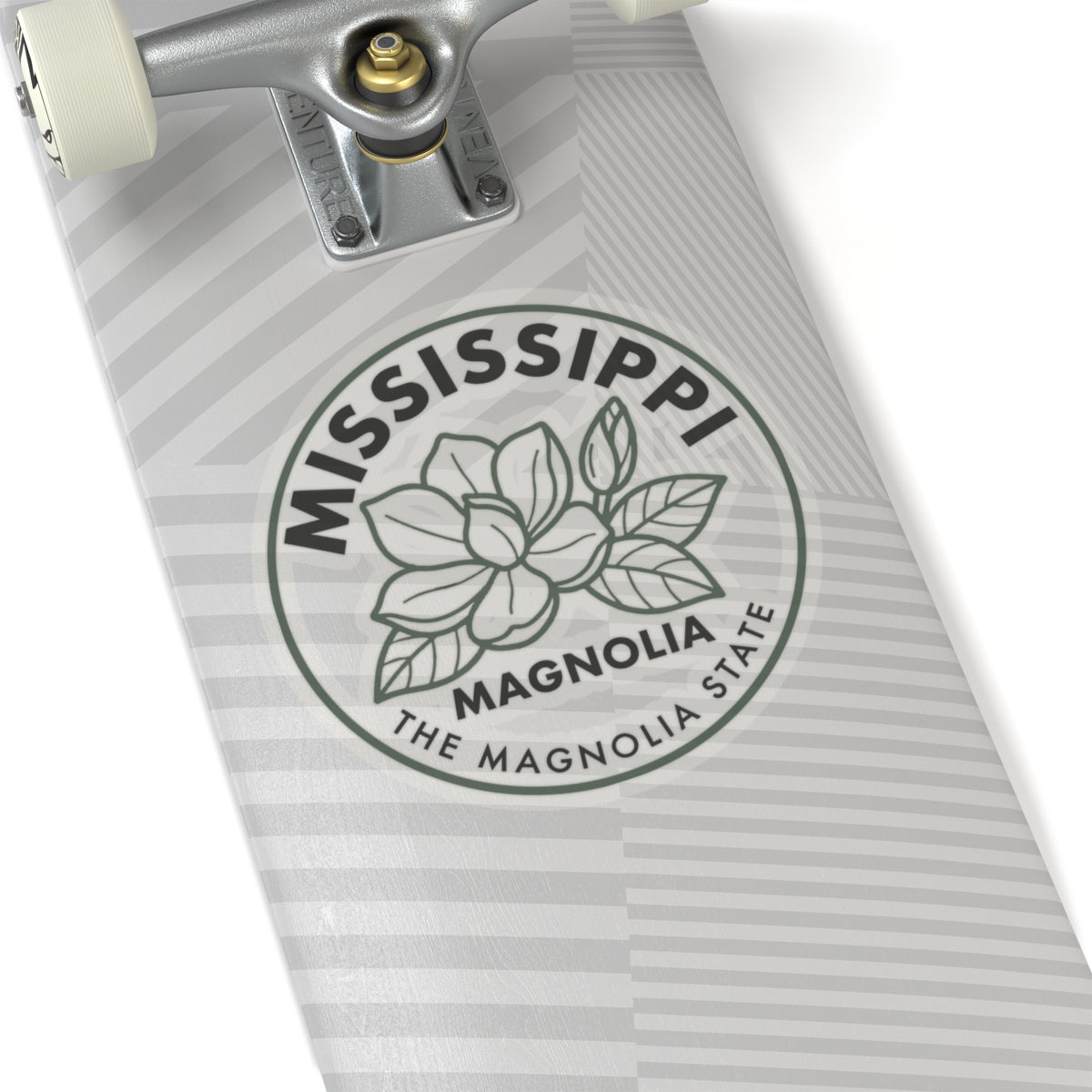 Circular transparent vinyl decal with magnolia flower and MISSISSIPPI text