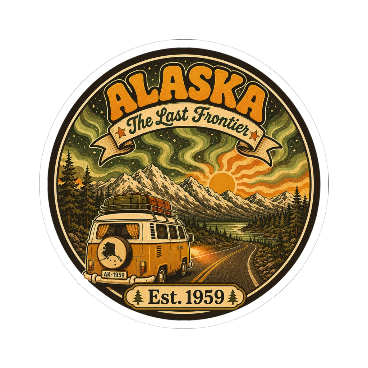 Round Alaska vintage sticker with camper van, mountains, and “Est. 1959” text
