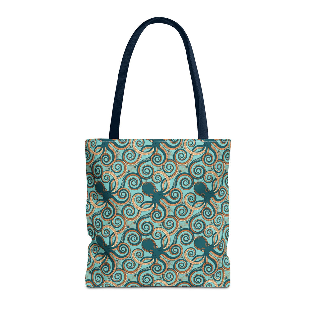 Octopus swirl tote bag with teal all-over print, navy handles
