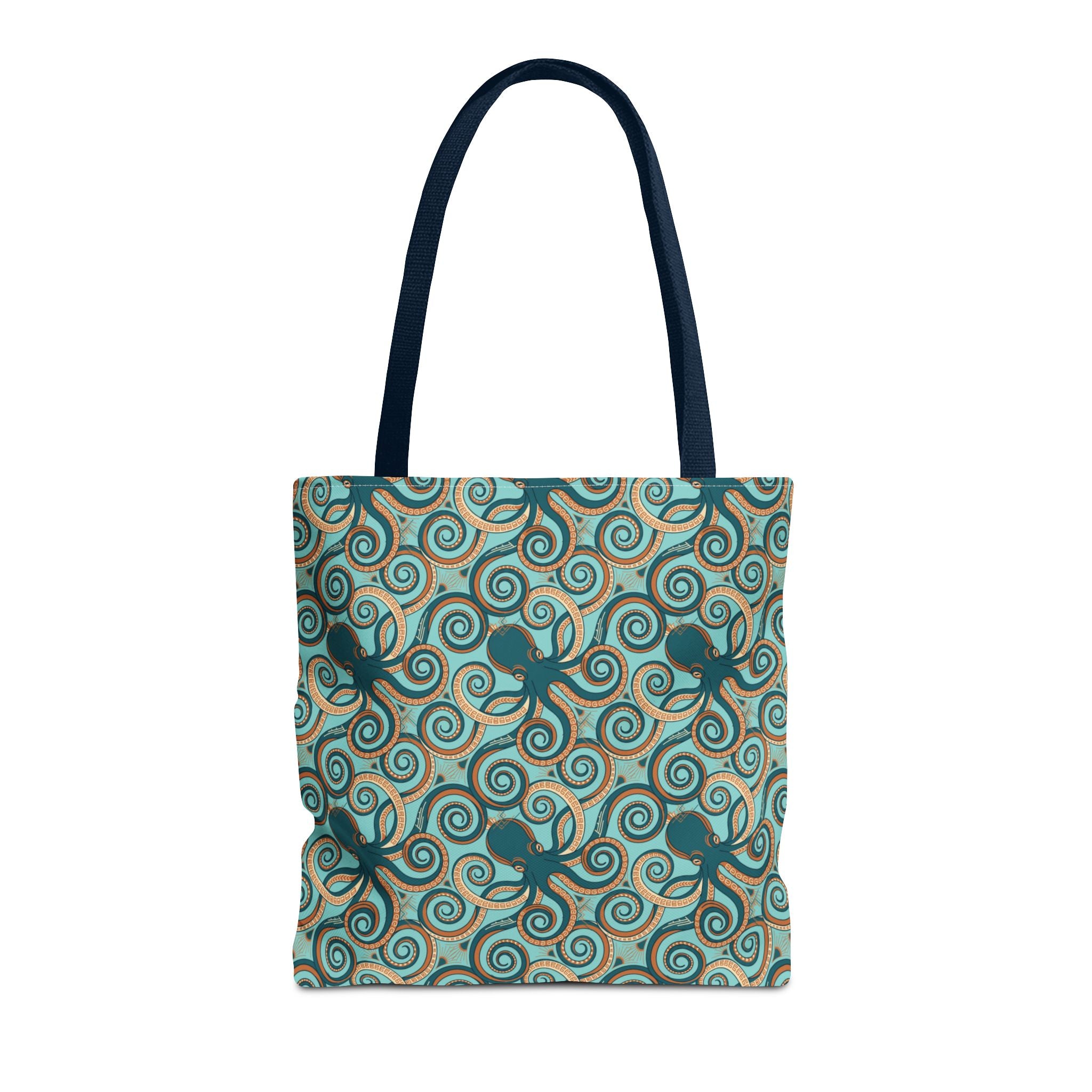 Octopus swirl tote bag with teal all-over print, navy handles