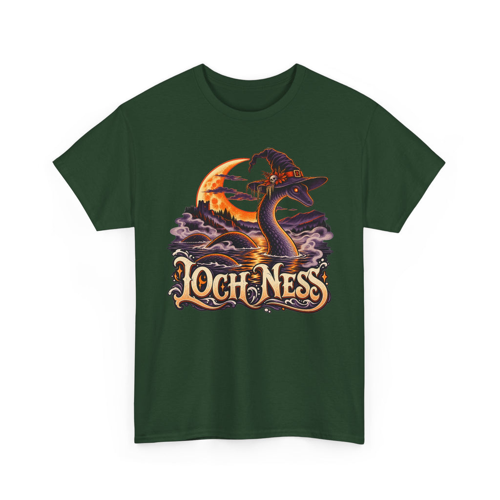 Forest green crewneck T-shirt with Loch Ness monster wearing witch hat graphic