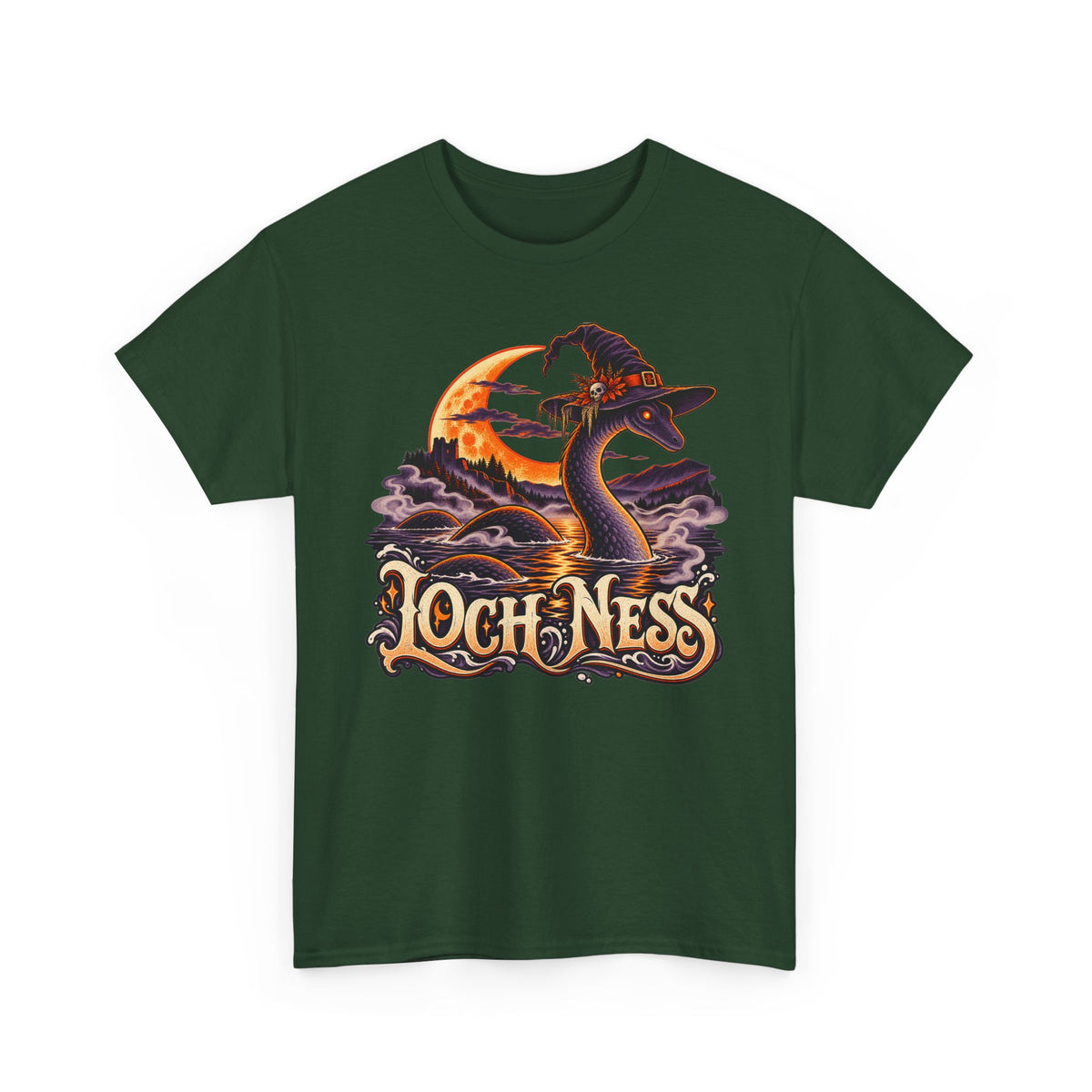 Forest green crewneck T-shirt with Loch Ness monster wearing witch hat graphic