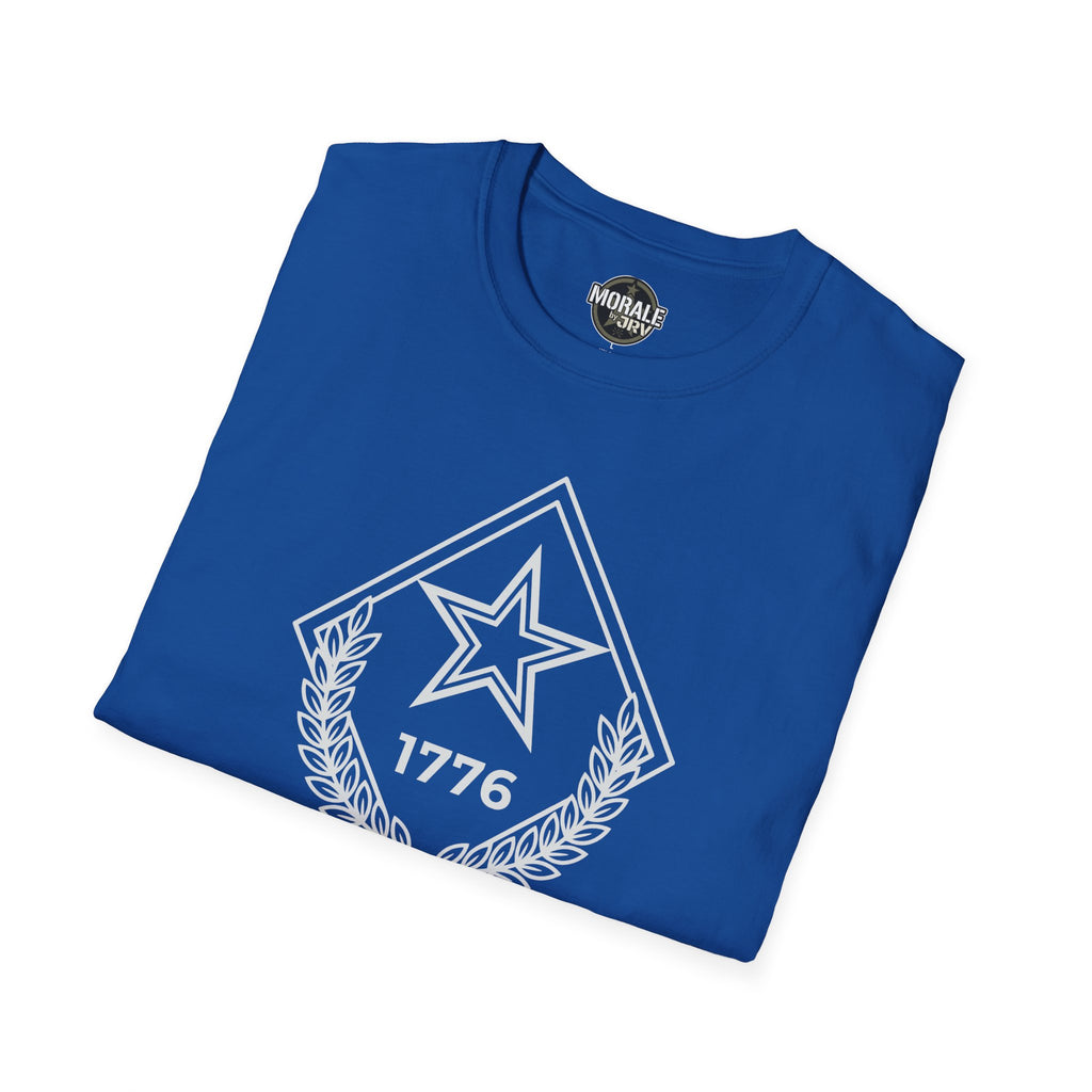 Royal blue t-shirt with star and laurel emblem and “1776” outlined graphic on chest