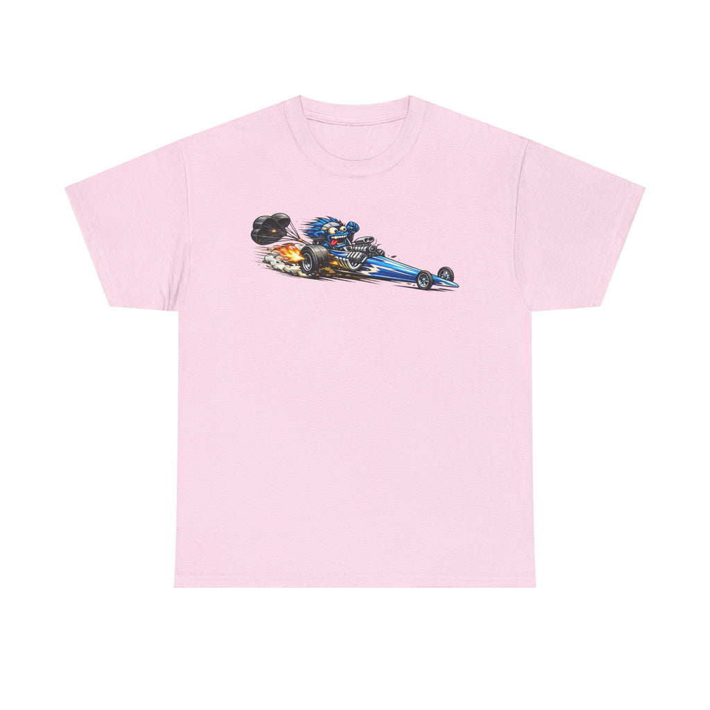 Light pink graphic tee with flaming dragster hot rod car front print