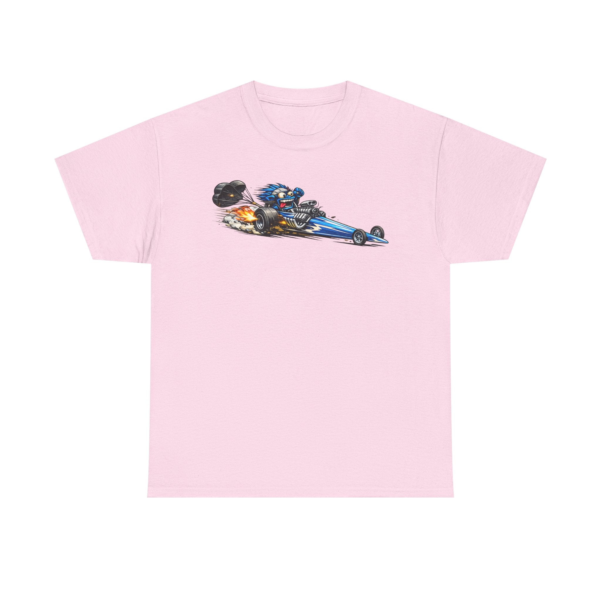 Light pink graphic tee with flaming dragster hot rod car front print