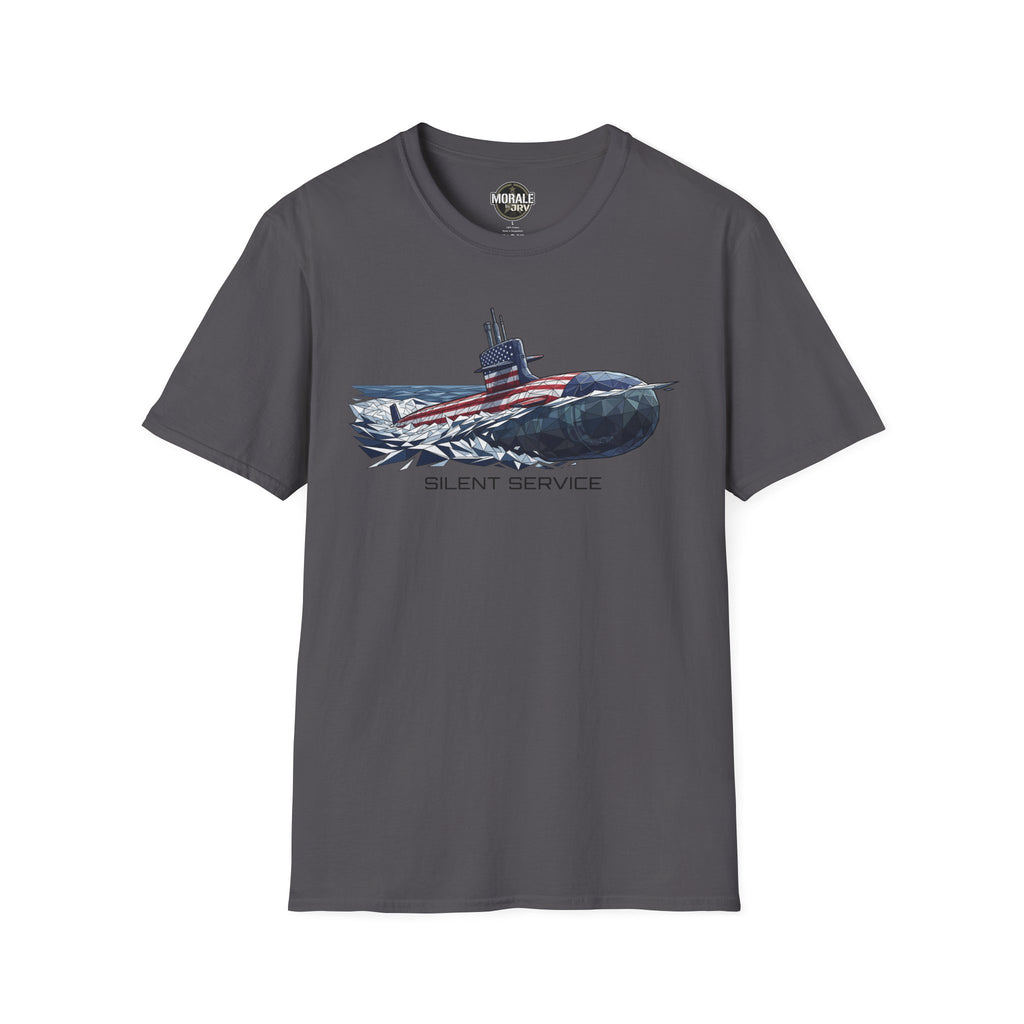 Silent Service T-shirt, charcoal gray, submarine flag graphic on the chest