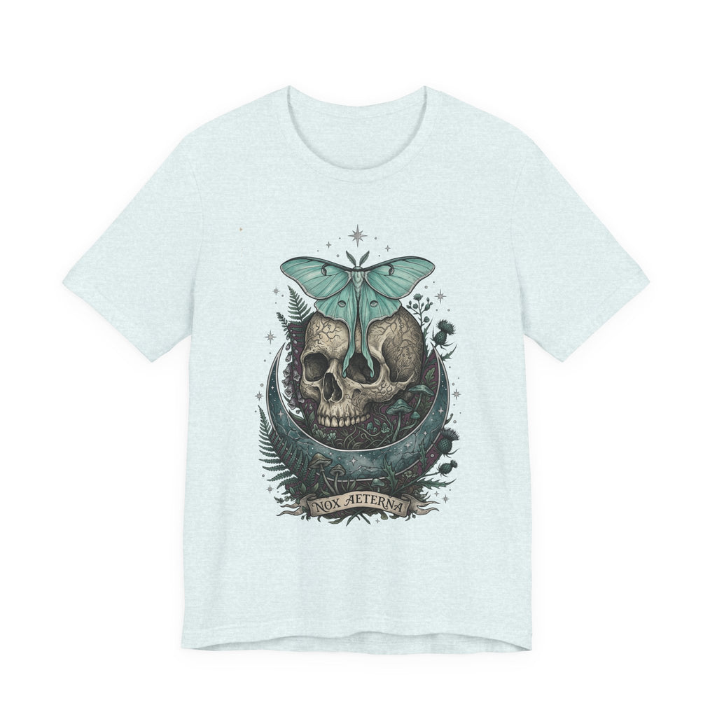 Light heather blue unisex T-shirt with teal moth-and-skull graphic centered