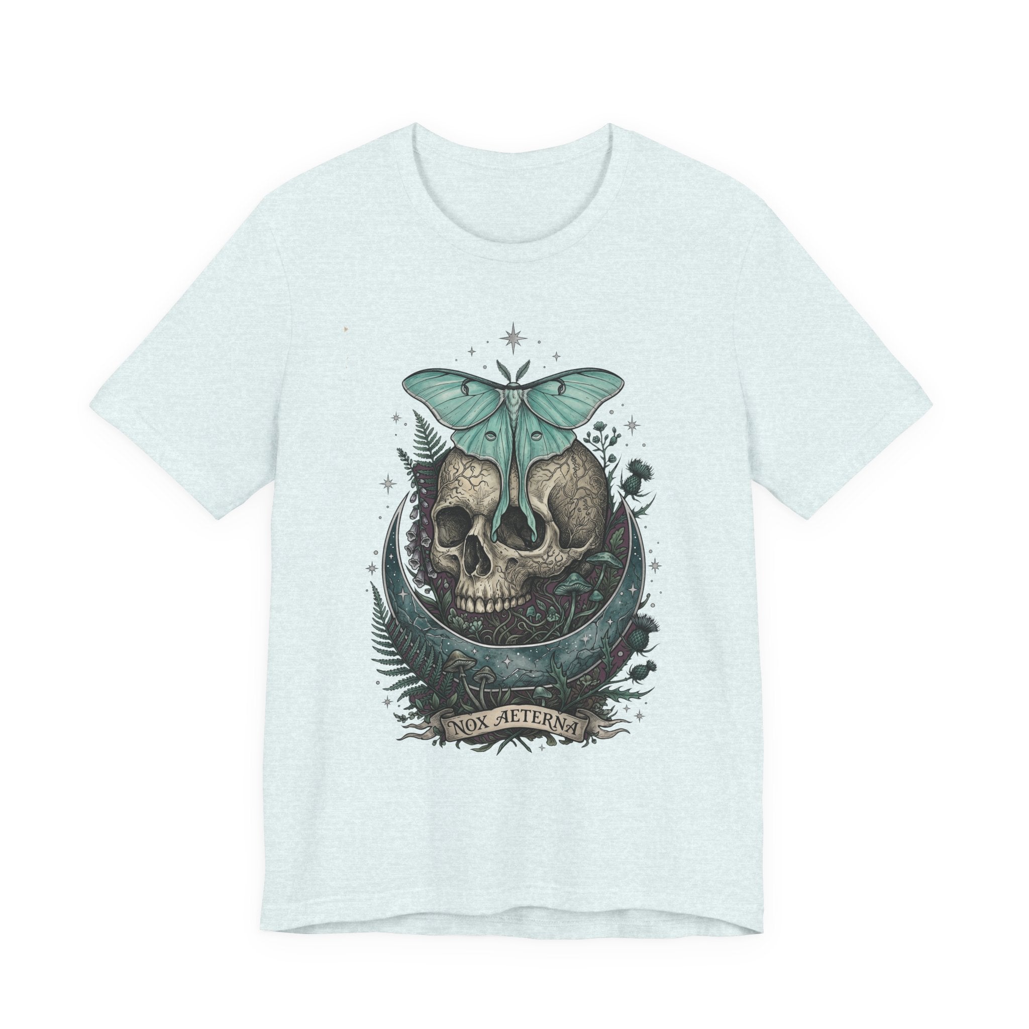 Light heather blue unisex T-shirt with teal moth-and-skull graphic centered