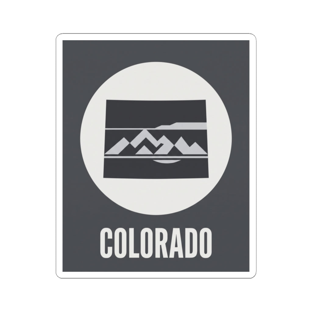Colorado badge sticker with white circular logo, mountain stripes, and COLORADO text on dark square