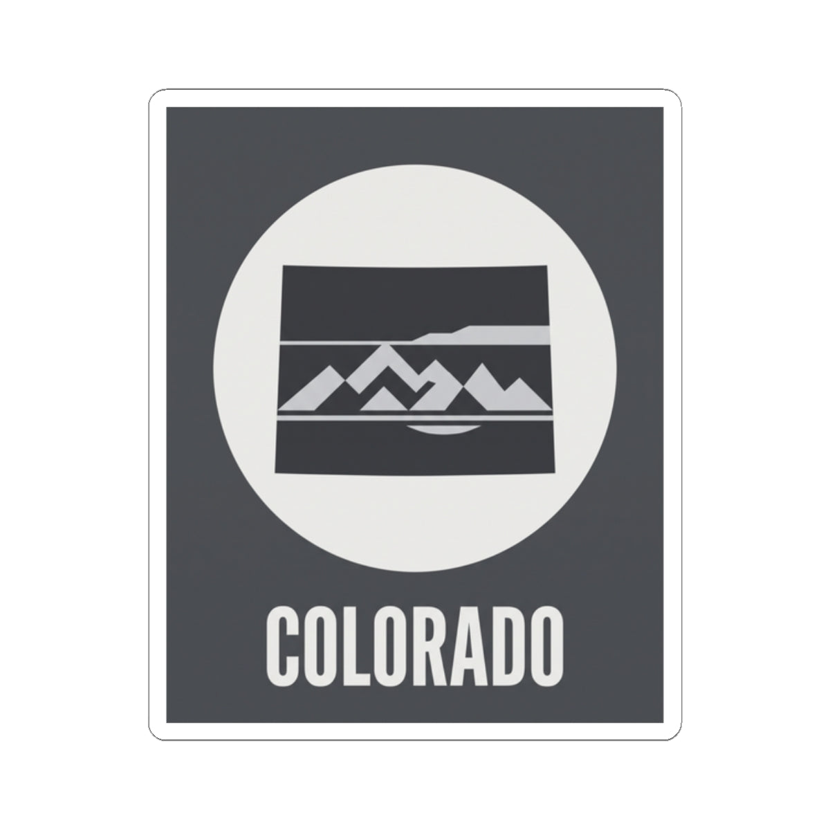 Colorado badge sticker with white circular logo, mountain stripes, and COLORADO text on dark square