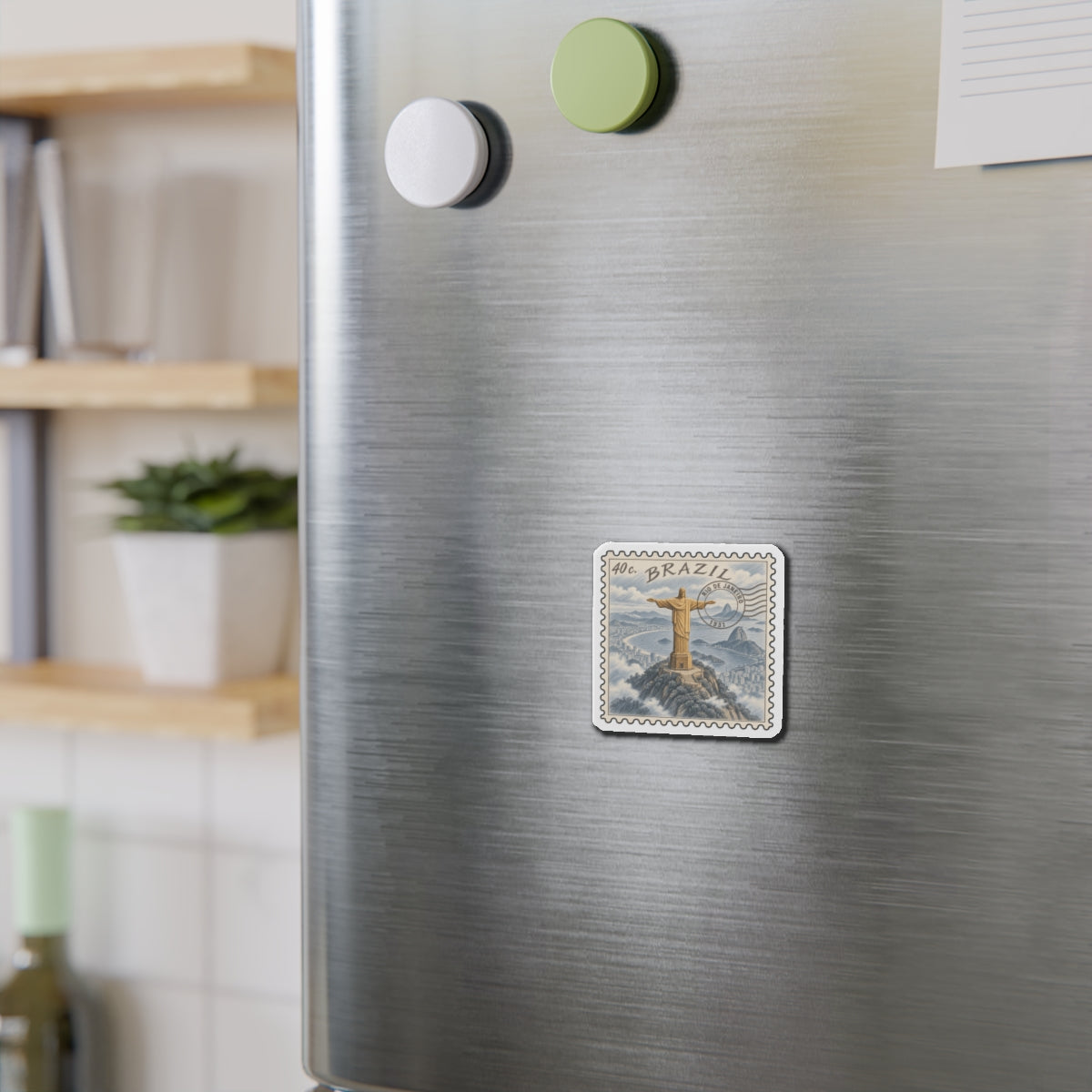 Die-cut stamp magnet featuring Cristo Redentor statue and Brazil coastal landscape
